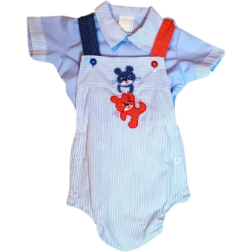 Vintage Baby Togs 2 Piece Romper & Shirt Blue|Red Baby Boys 3-6 Months